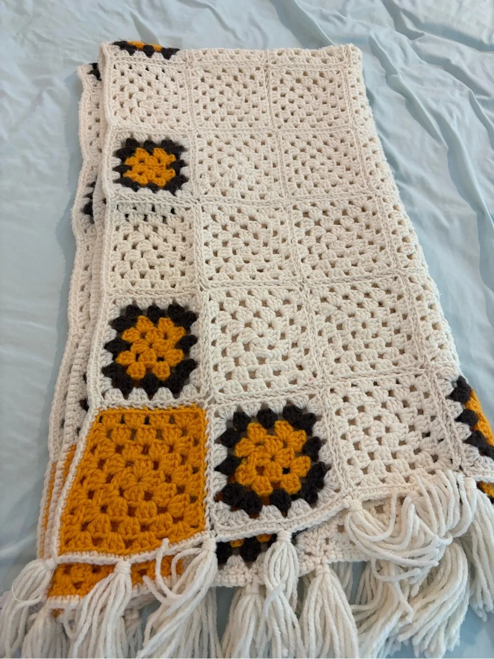 Handmade Crochet Granny Square Throw Blanket Cream Mustard Brown Fringe 32x55